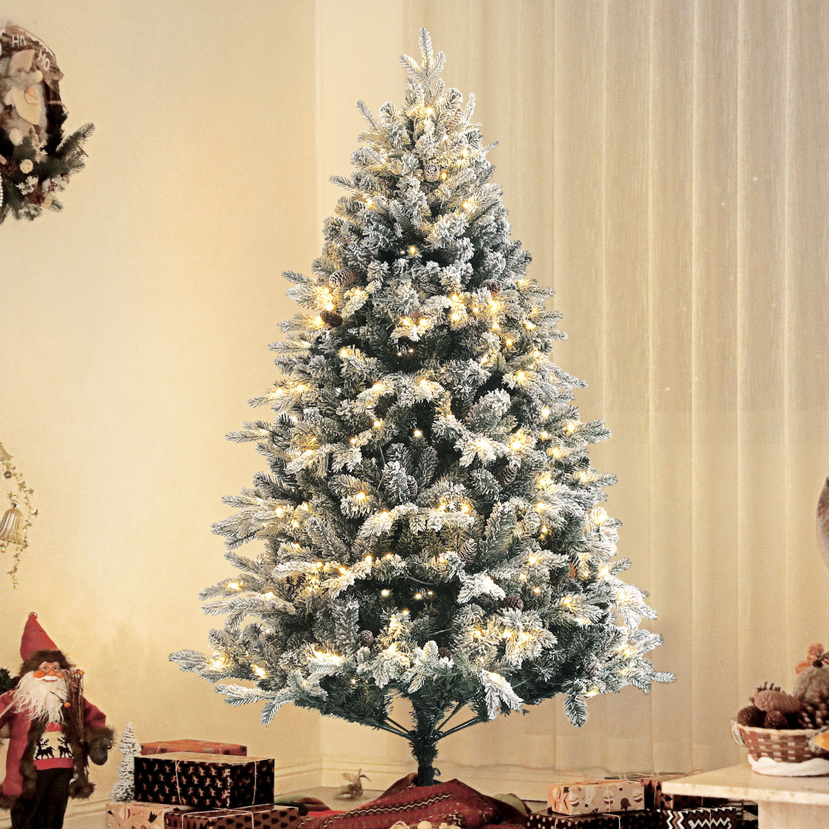 Sapin de Noël Artificiel 180 cm lumineux LED 793 Branches enneigées grand réalisme support en acier pliable Vert-8