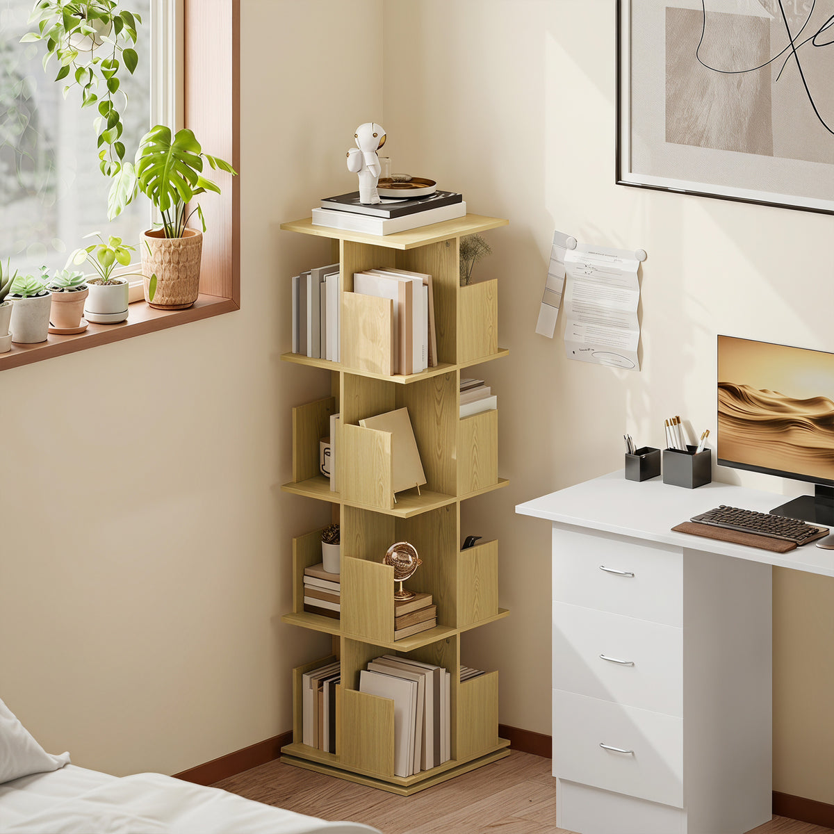Bibliothèque Rotative à 4 Niveaux, Étagère Rangement avec 16 Compartiments, 39 x 39 x 128,3 cm, Chêne-7