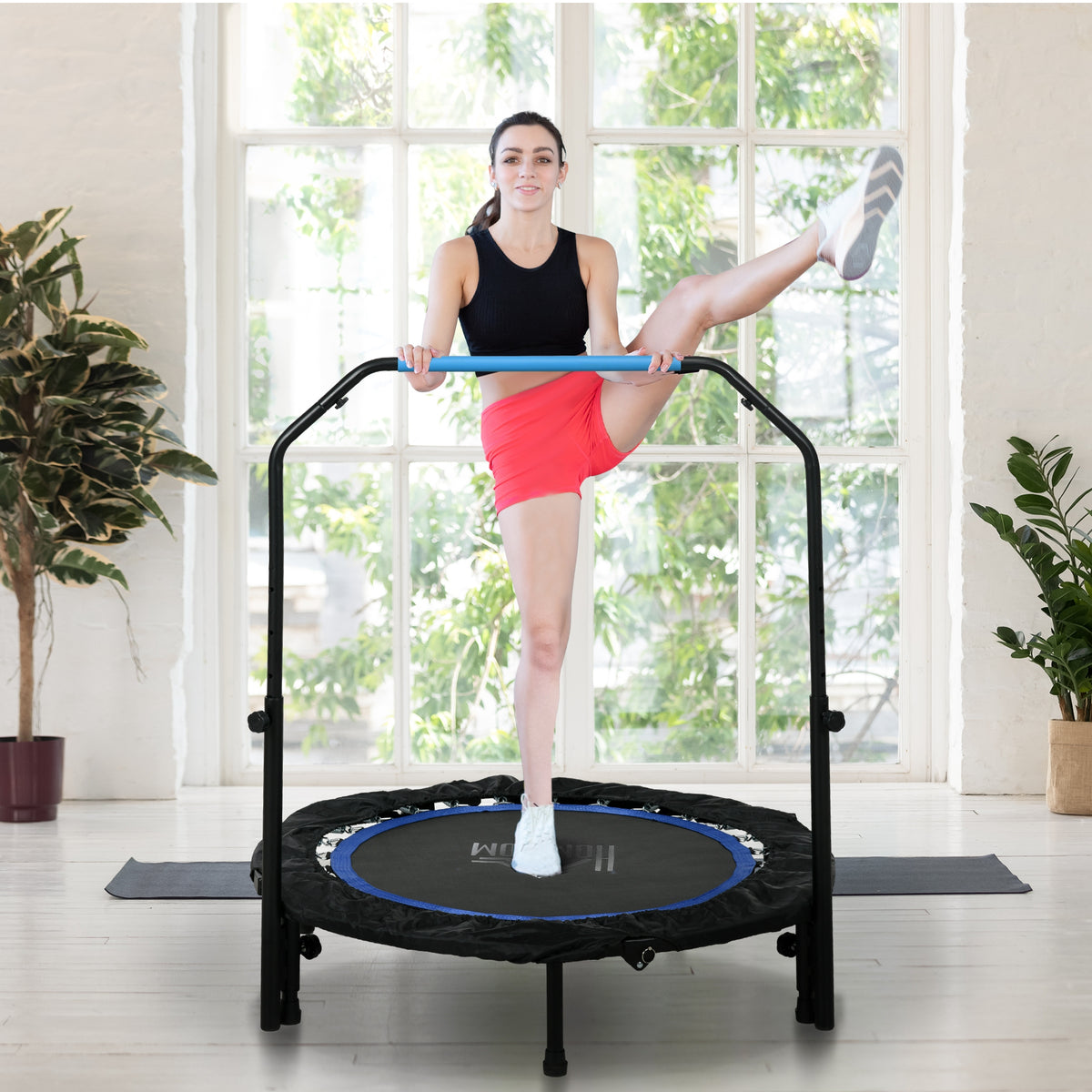 Trampoline de fitness gymnastique avec poignée réglable, pliable, 6 pieds, 28 ressorts Ø 102 cm, noir bleu-9