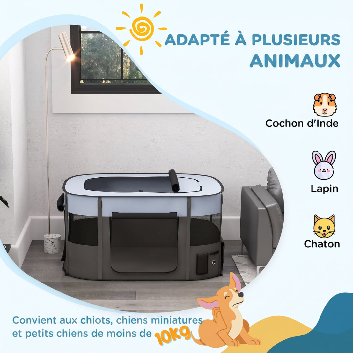 Parc pliable pour animaux de compagnie parc pour chiots en tissu Oxford avec fenêtres et portes sac de rangement gris-3