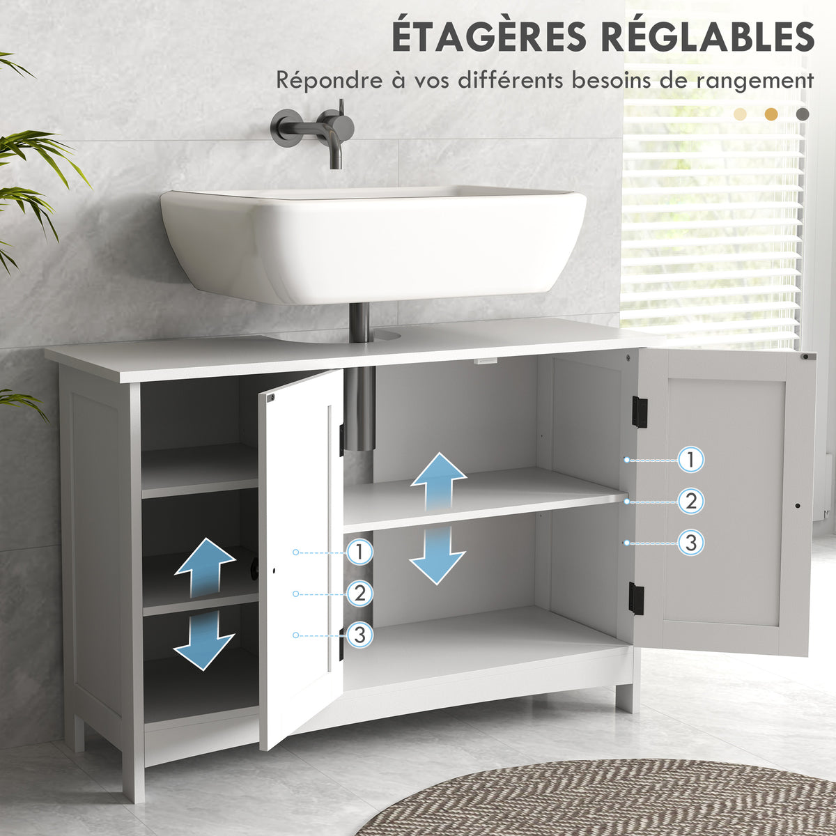 Meuble sous vasque lavabo salle de bain style classique placard 2 portes étagères réglables 90 x 30 x 60 cm blanc-4