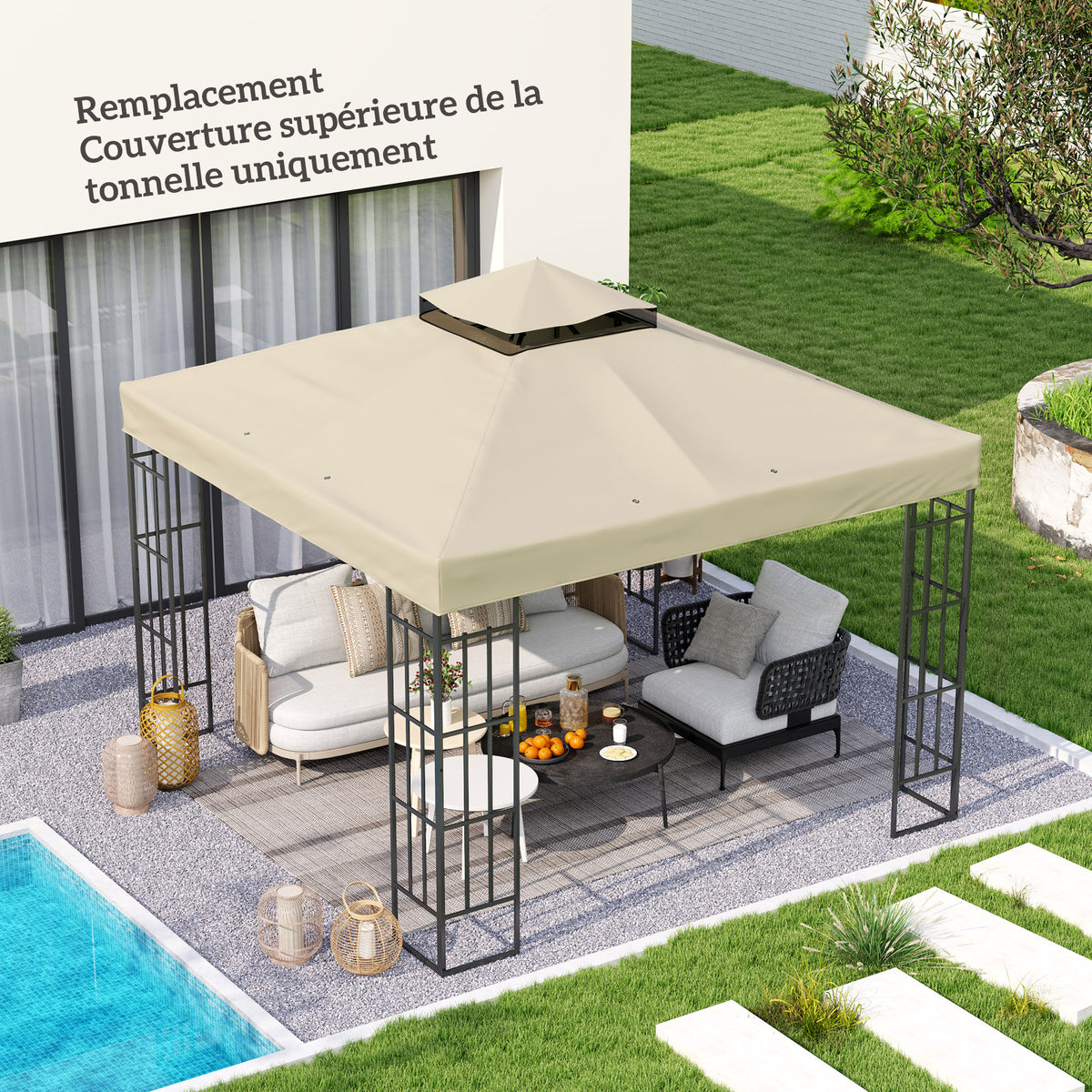 Toile pour tonnelle 3 x 3 m toile de rechange pour tonnelle à 2 niveaux protection UPF30+ trous de drainage crème-1