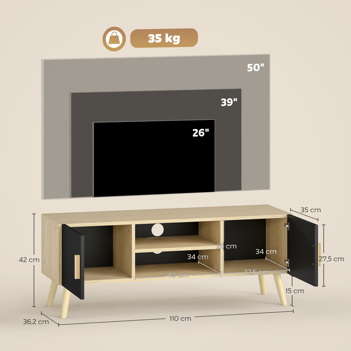 Meuble TV meuble télé bois banc TV jusqu'à 50 pouces avec étagères, 2 placards et passe-câbles, chêne-2