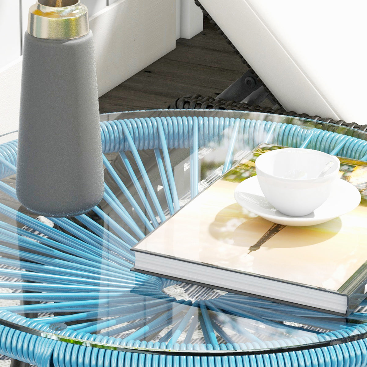 Table basse ronde de jardin en résine aspect rotin métal et plateau verre trempé Ø 50 x 50H cm-8