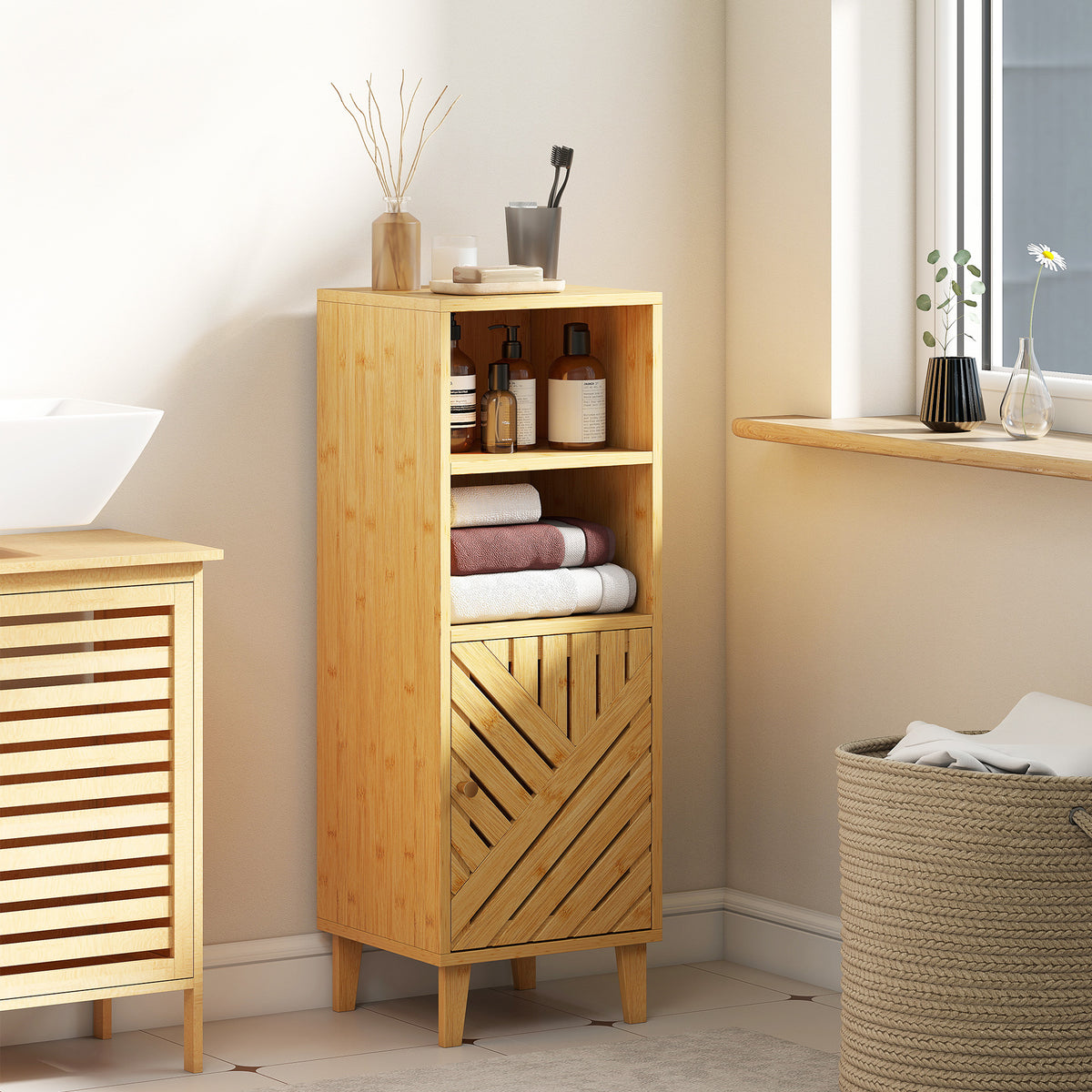 Meuble de salle de bain, meuble de rangement avec 1 placard, 2 compartiment ouvert, 32 x 30 x 90 cm, effet bois naturel-1