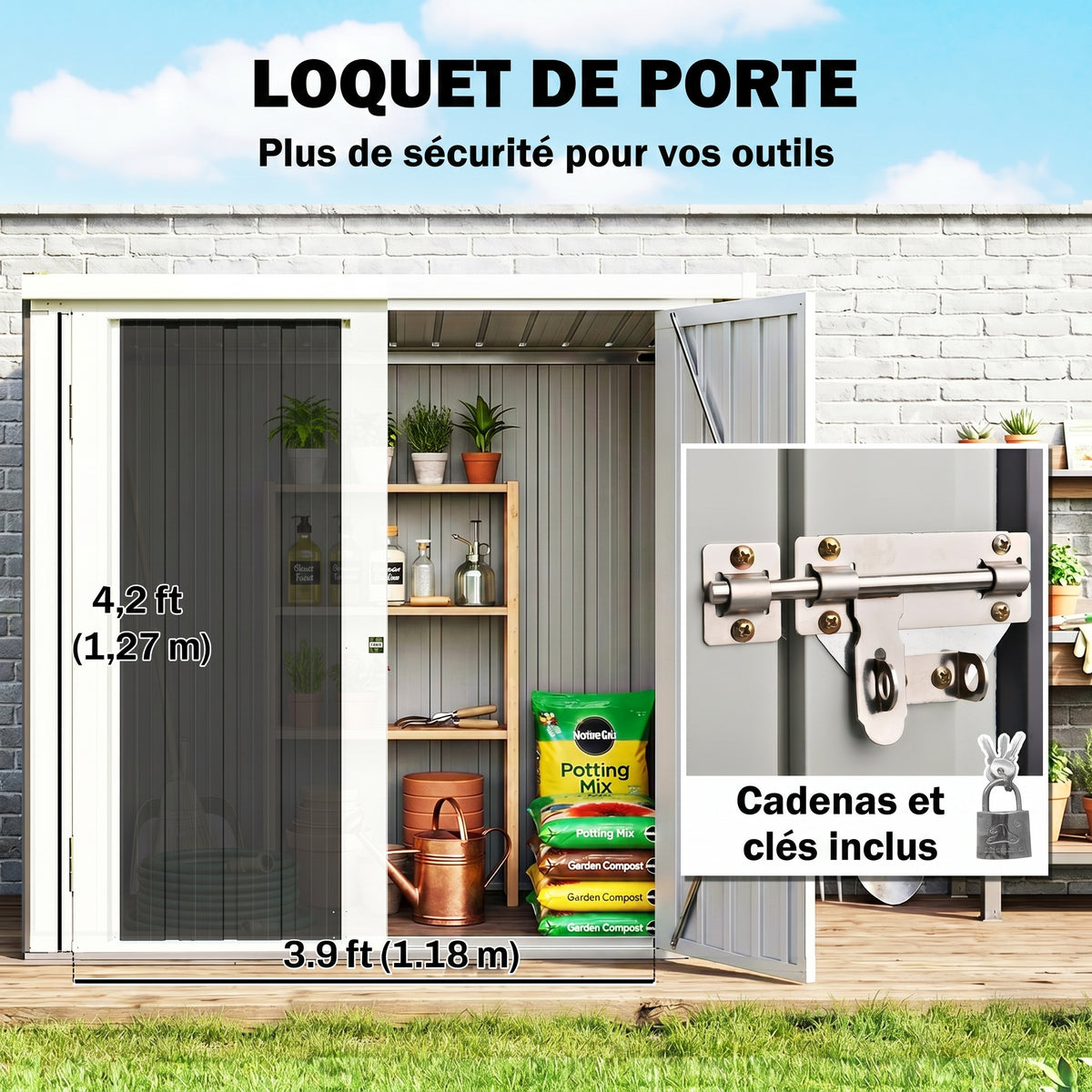 Abri de Jardin - cabane de jardin 1,09 m² - cabanon rangement outils 2 Portes verrouillables - dim. 147L x 86l x 134H cm - tôle d'acier Noir Blanc-4