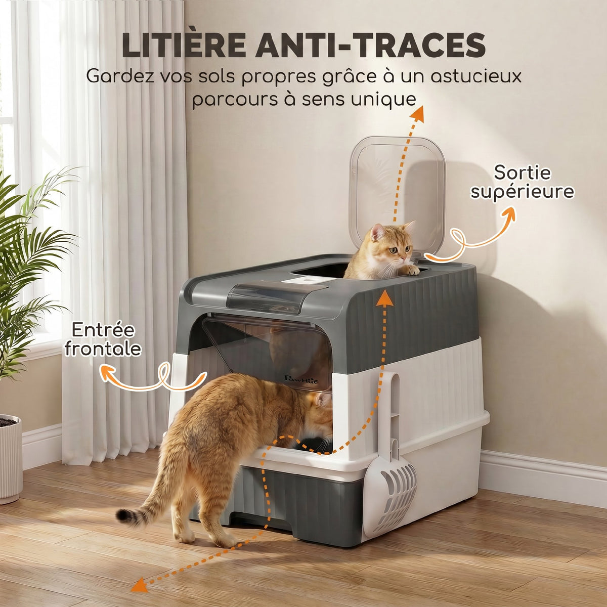 Maison de Toilette pour Chat avec Couvercle, Entrées, Plateau Coulissant, Pelle, Sachets Désodorisants, 48x35x36cm, Gris-3