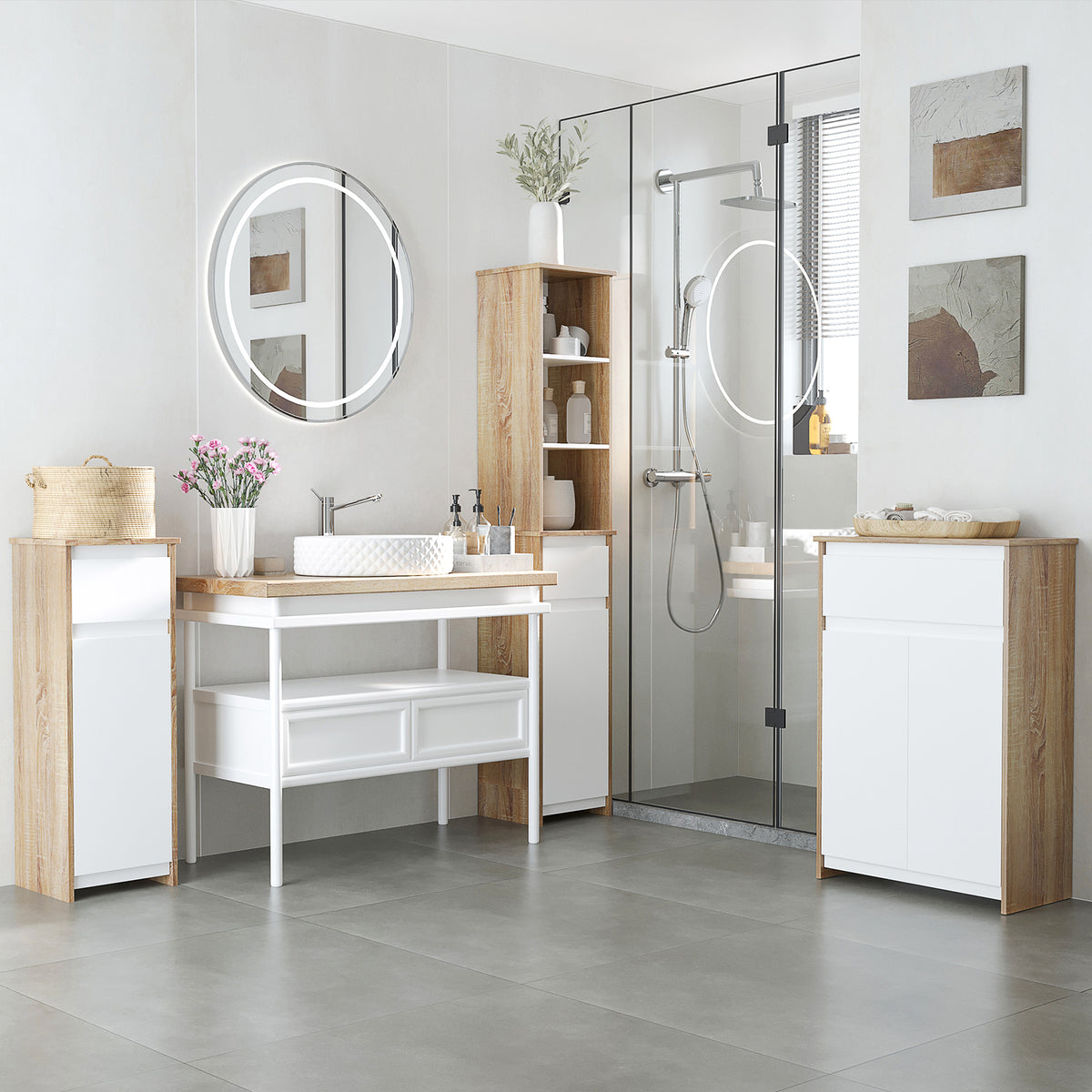 Meuble Colonne Rangement Salle de Bain Style Cosy 3 niches tiroir Placard avec étagère Blanc Aspect chêne Clair-1