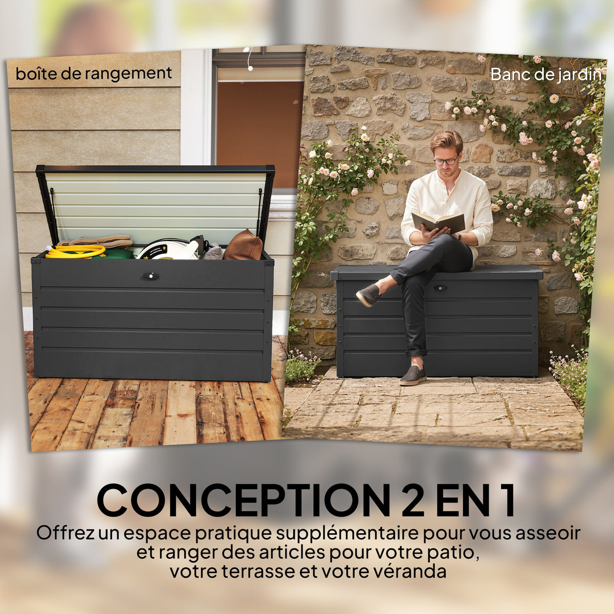 Coffre de rangement exterieur XXL 311L coffre de jardin acier galvanisé verrouillable vérin à gaz 120x62x62cm gris foncé-3