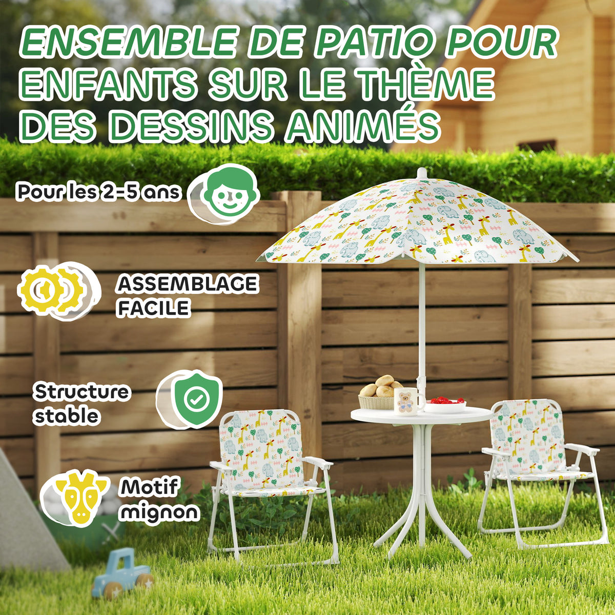 Ensemble salon de jardin extérieur enfant 4 pièces, motif éléphant et girafe, parasol réglable Ø 100 cm, chaise pliable-6