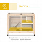 Cage à lapin clapier sur roulettes petit enclos animaux en bois massif 2 étages toit ouvrant plates-formes 91,5 x 53,3 x 73 cm bois naturel-3