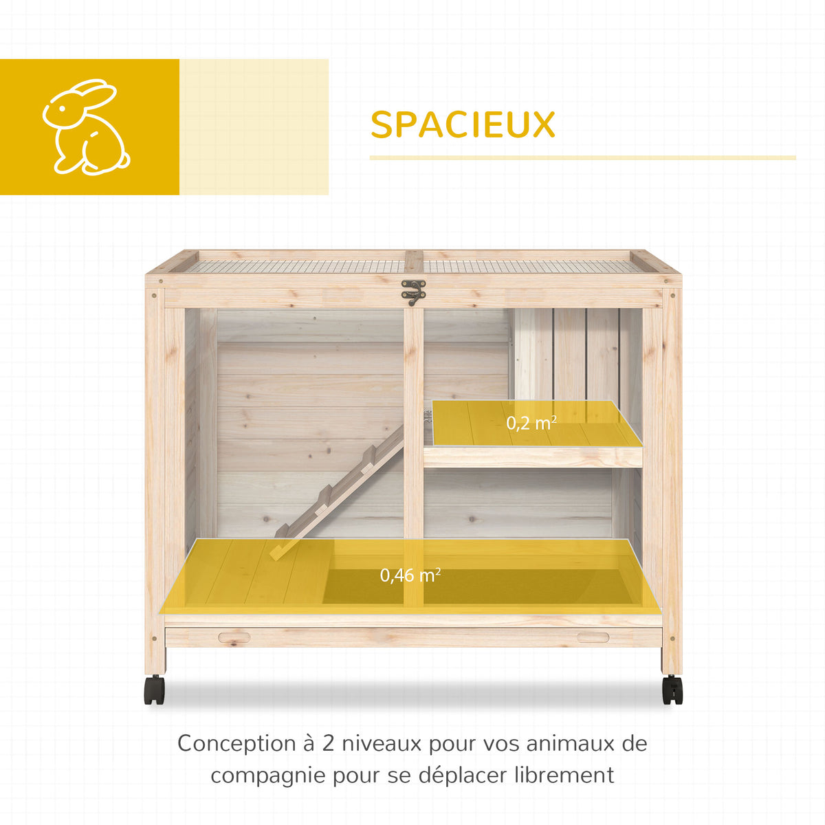 Cage à lapin clapier sur roulettes petit enclos animaux en bois massif 2 étages toit ouvrant plates-formes 91,5 x 53,3 x 73 cm bois naturel-3