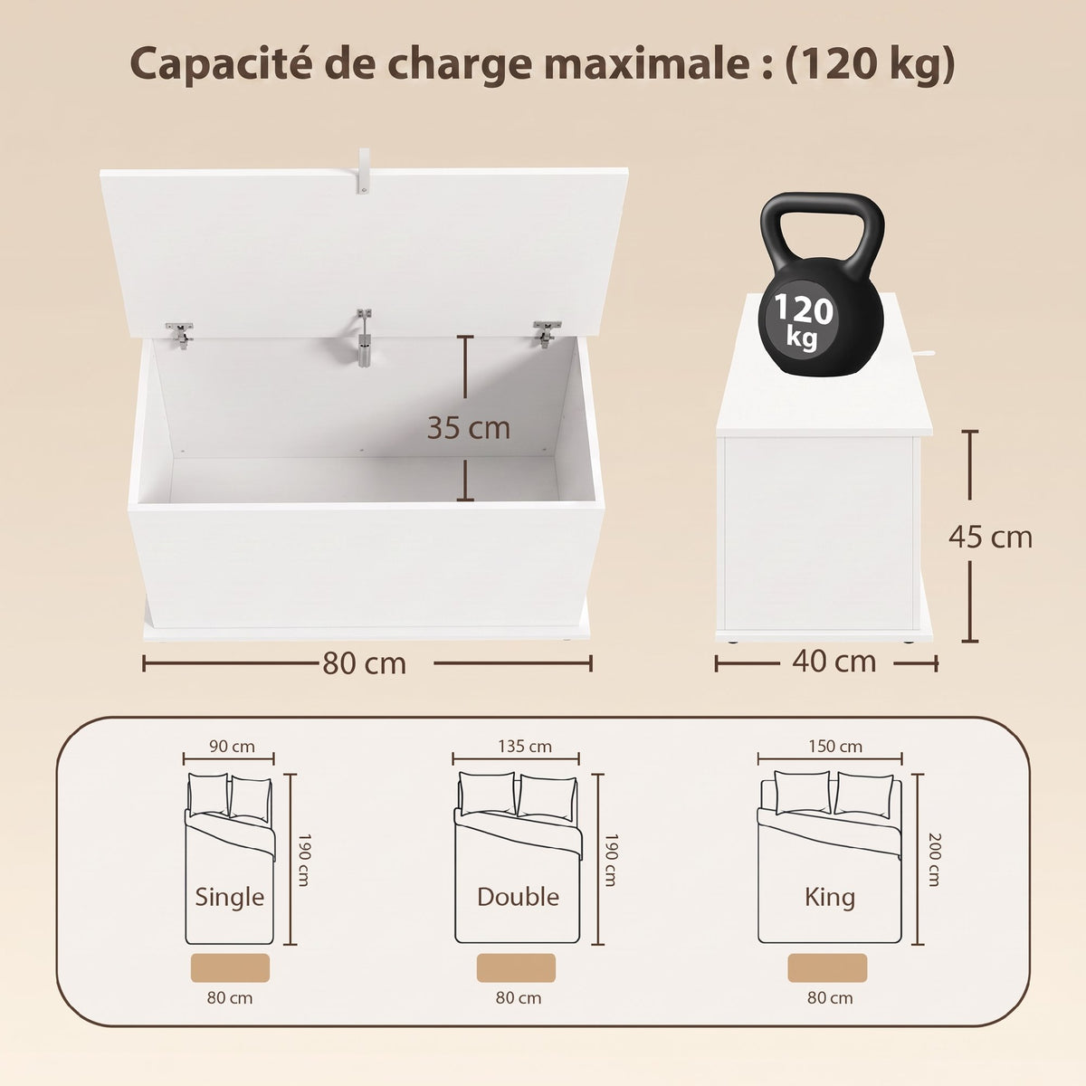 Coffre de Rangement, Banc de Rangement avec Couvercle Rabattable et Charnières de Sécurité, 80 x 40 x 45 cm, Blanc-2