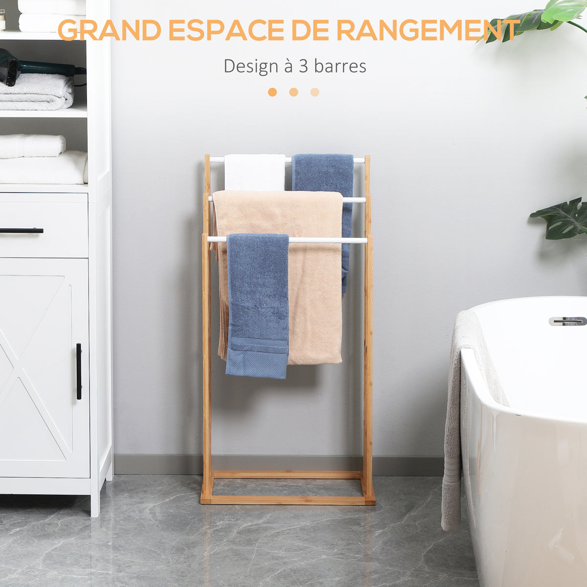 Porte-serviettes en bambou sur pieds avec 3 barres support pour serviette étagère de salle de bain - 48 x 25,8 x 94 cm-3
