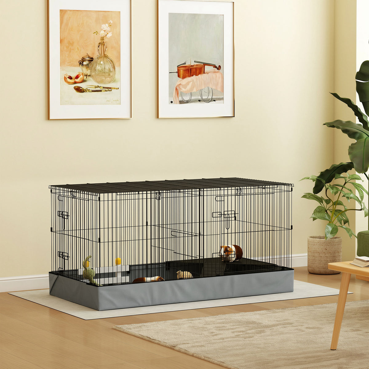 Cage pour petits animaux 2 en 1 avec dessus amovible enclos lapin 2 zones séparées rampe 121 x 61 x 61 cm en acier noir-9
