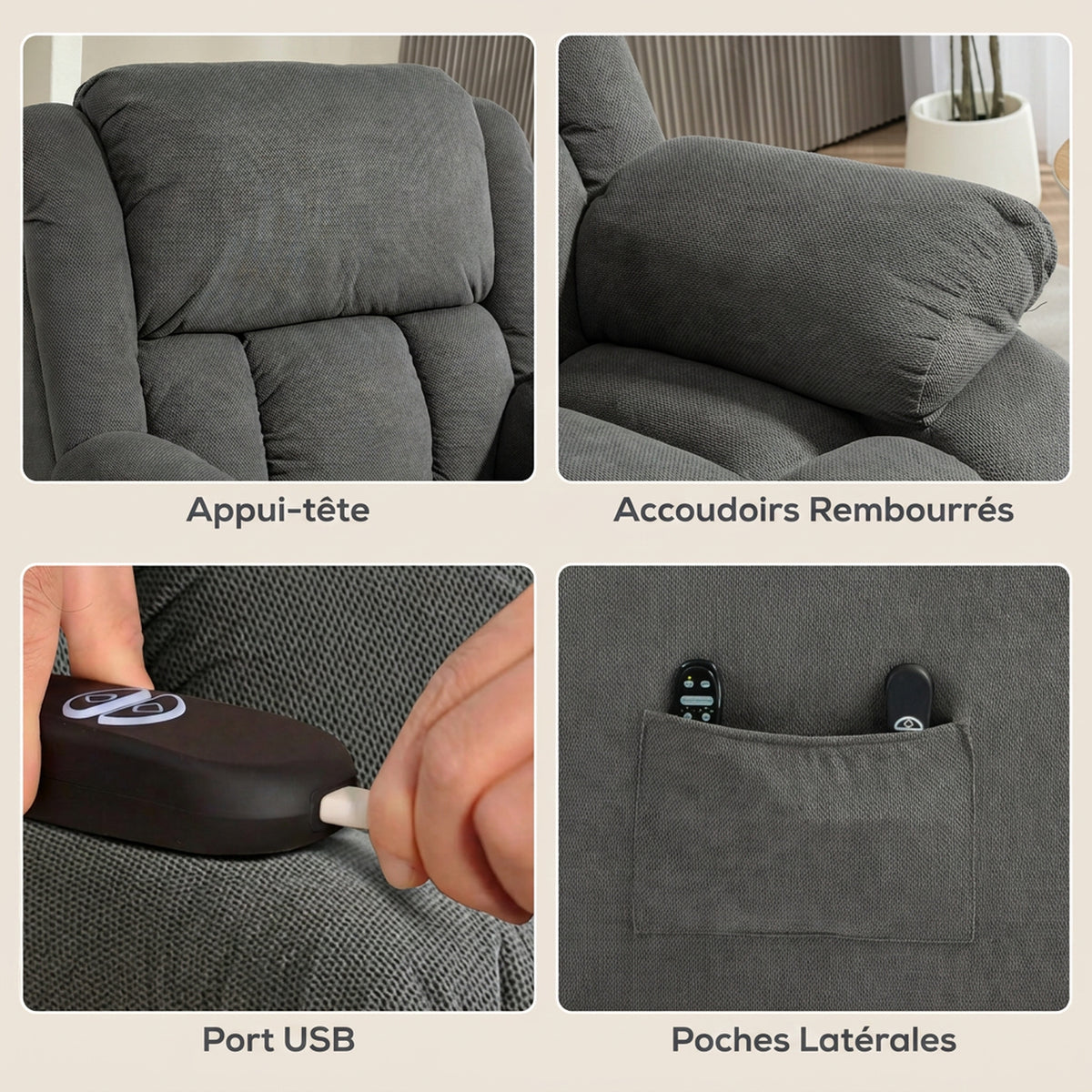 Fauteuil releveur électrique massage et chauffage avec repose-pied, dossier inclinable, télécommande et poche latérale-6