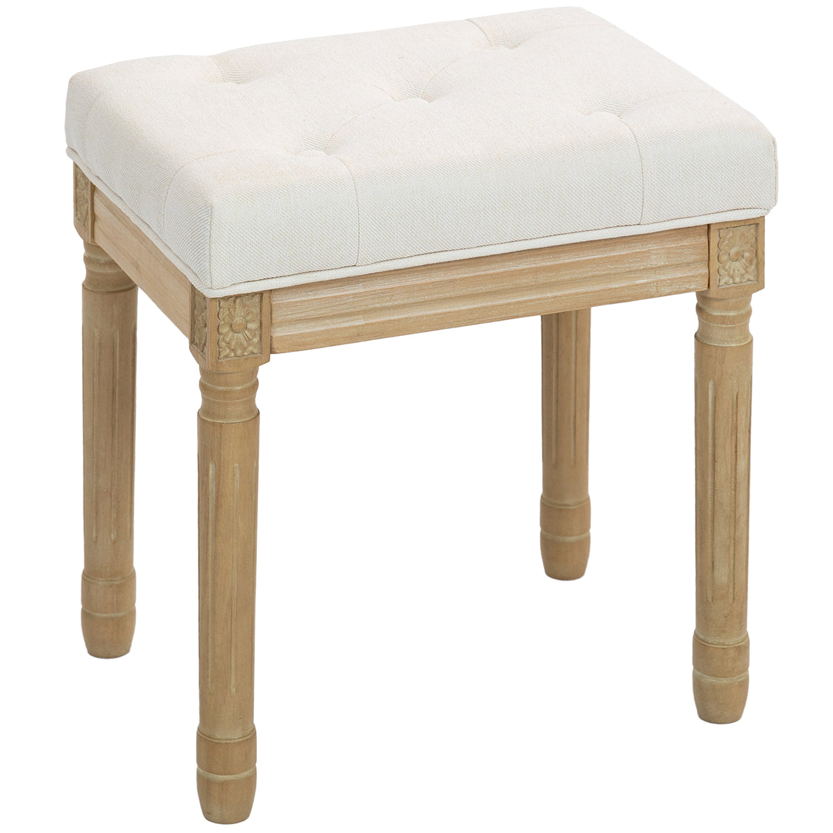 Repose pied salon, ottoman, siège rembourré en tissu aspect lin avec pieds en bois d'hévéa, 42 x 32 x 46,5 cm, beige-0