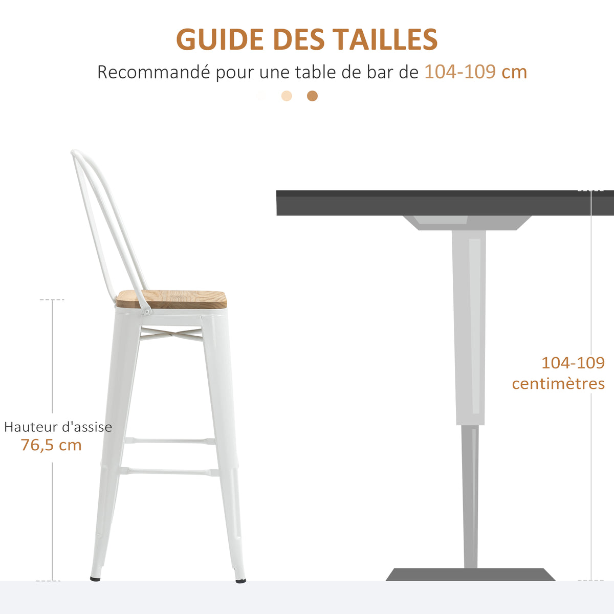 Lot de 4 tabourets de bar industriel avec dossier repose-pied hauteur assise 76 cm métal crème-5