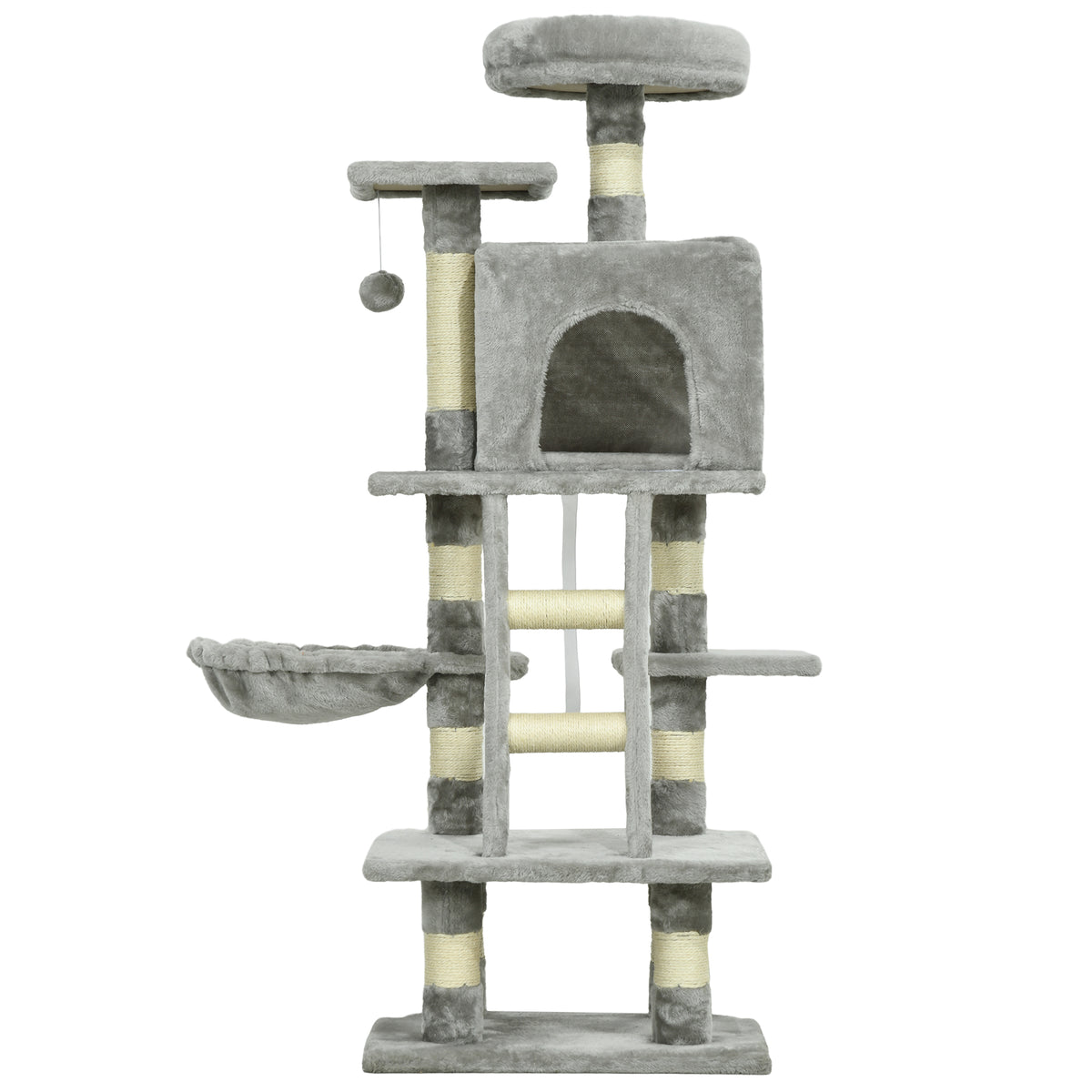 Arbre à chats multi-équipements griffoirs grattoirs niches plate-formes + échelle + hamac+ boule suspendue gris-0