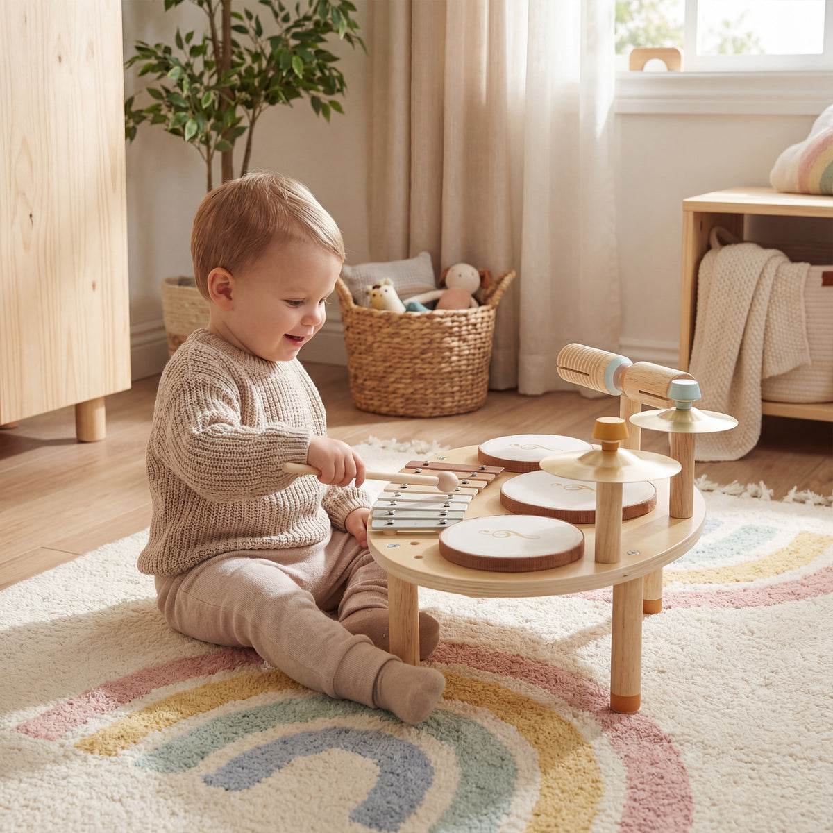 Jeux de Tambours pour Bébé, Tambour bébé avec Xylophone pour Tout-Petits, Instruments de Musique en Bois, Naturel-9