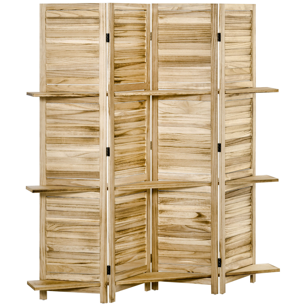 Paravent intérieur 4 panneaux 3 étagères pliables portes persiennes bois de paulownia aspect pin autoclave-0