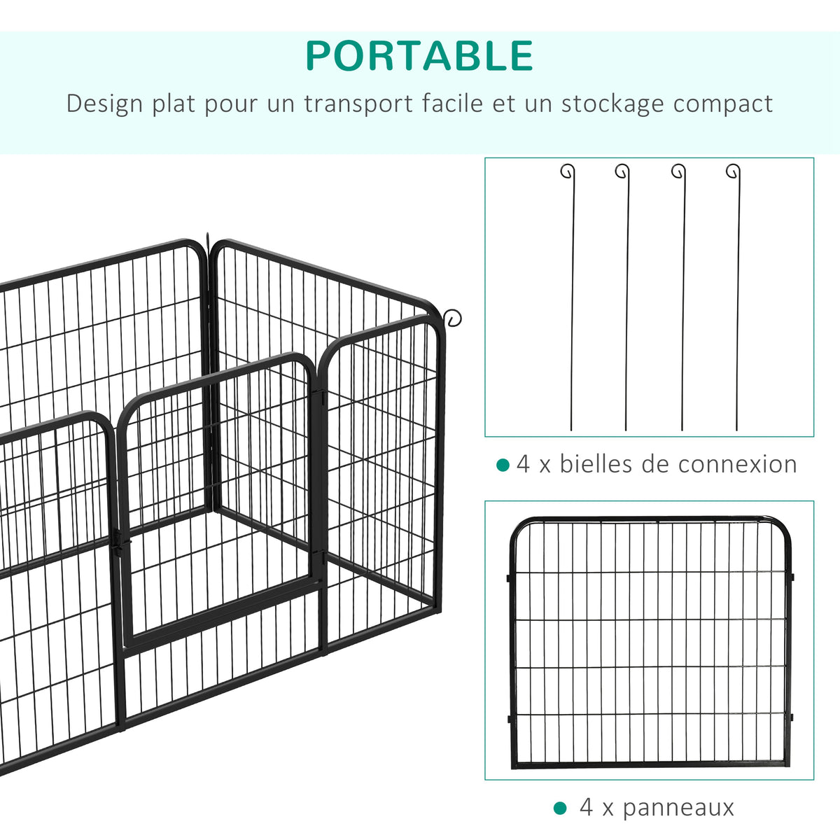 Luxe parc enclos modulable acier 4 panneaux et 1 porte pour chiens, lapins, rongeurs, petits animaux, intérieur et extérieur 125L x 70H cm noir-3