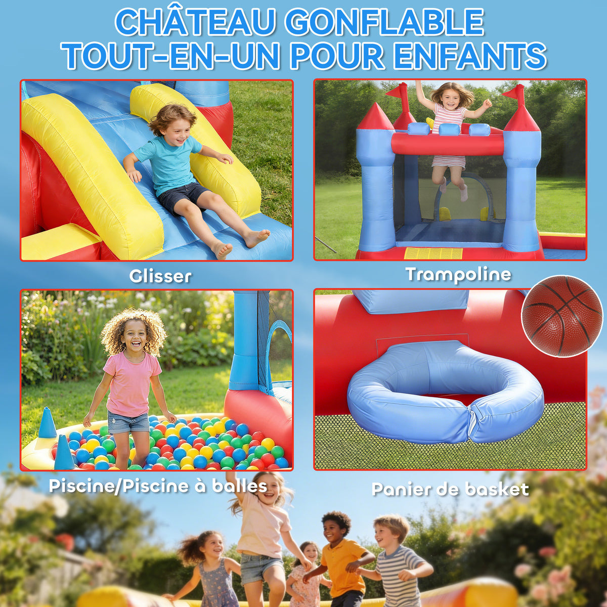 Château gonflable avec souffleur, aire de jeux gonflable avec toboggans, trampoline, piscine à balles, multicolore-3