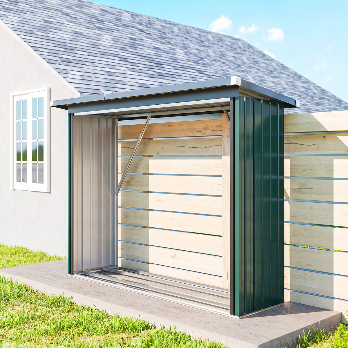 Abri-bûches Couvert Support pour Bois de Chauffage Plancher Surélevé Toit Incliné, Acier Galvanisé 213x66,5x150cm Vert-1