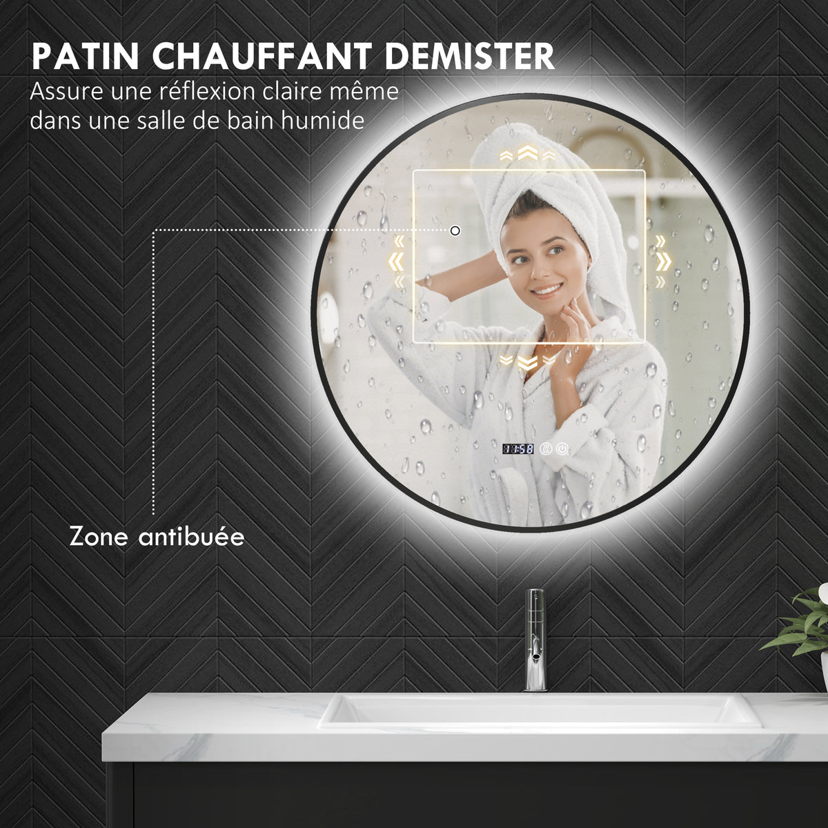 Miroir de salle de bain rond avec éclairage LED, intensité variable, fonction anti-buée, interrupteur tactile, noir-4