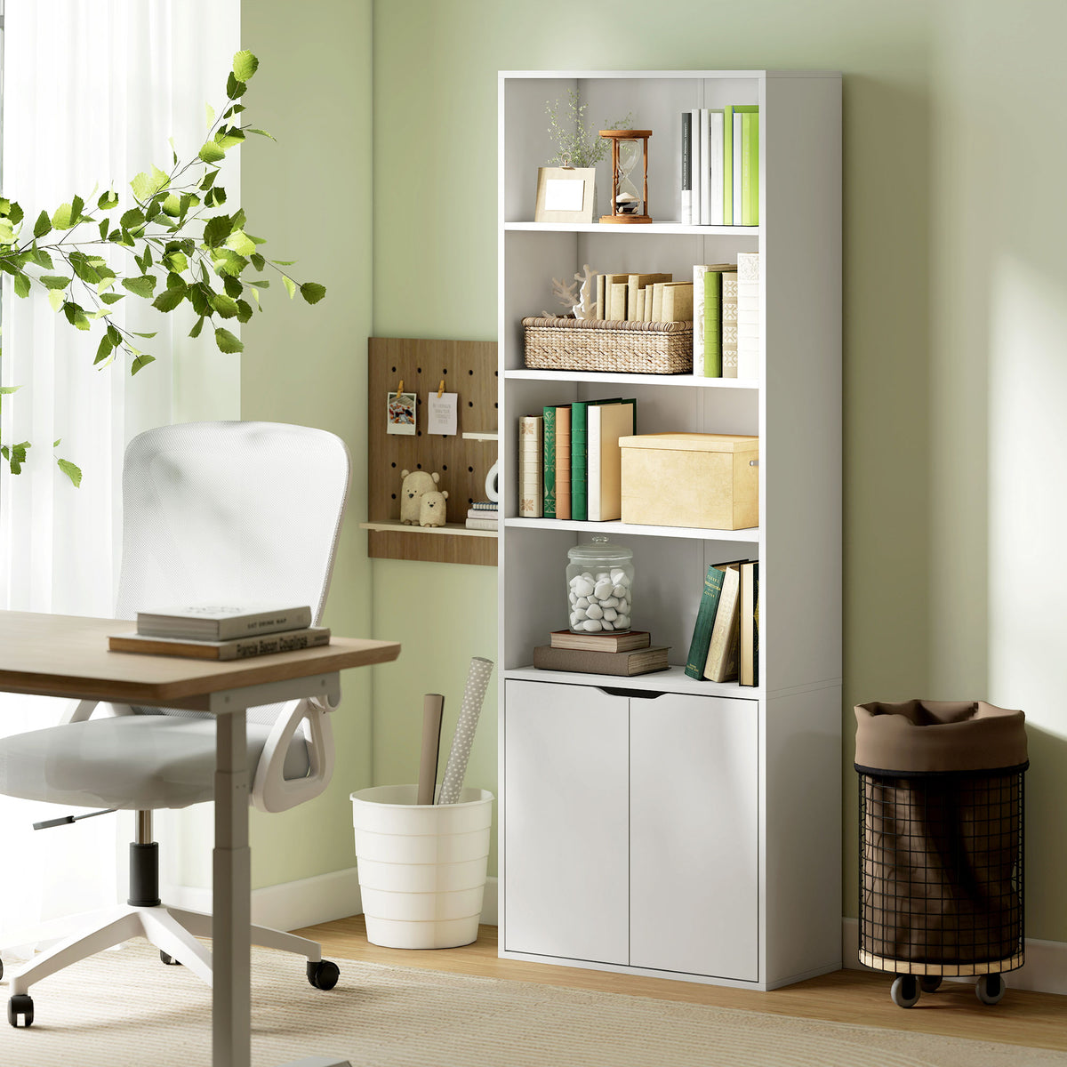 Bibliothèque Armoire à livres avec 4 compartiments ouverts et 2 portes pour le salon et le bureau 59x29x180 cm Blanc-9