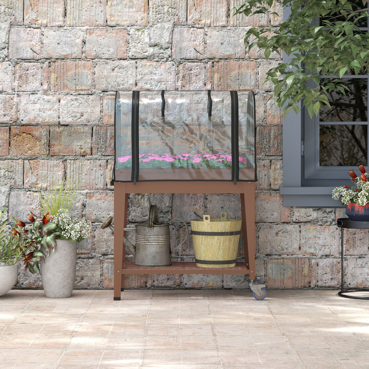 Jardinière surélevée avec bâche transparente, 2 roulettes et 1 étagère inférieure, dim. 80L x 40l x 120H cm-7