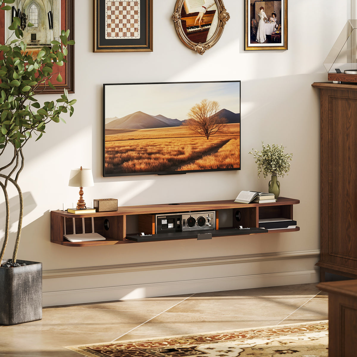 Meuble TV Suspendu, Meuble Télé pour Téléviseur jusqu'à 60 Pouces, Tiroir Rabattable, 2 Étagères, 140x24x16cm, Noyer-7