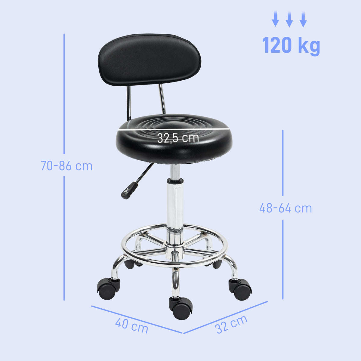 Tabouret à roulettes, tabouret de massage avec hauteur réglable 70-86 cm et dossier, pivotant 360°, noir-2
