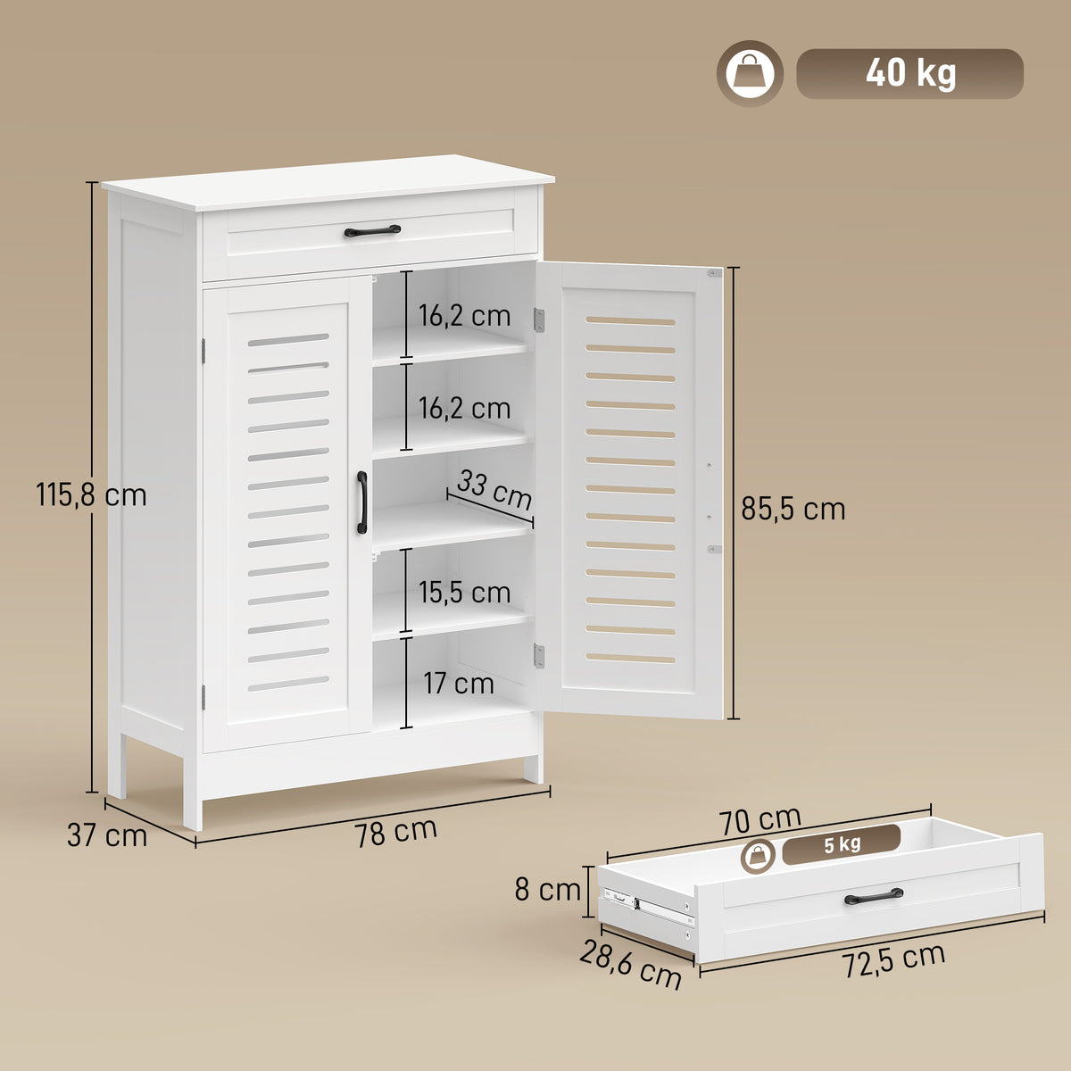 Meuble à chaussures 20 paires, armoire à chaussures avec 2 portes persiennes, tiroir et étagères réglables, blanc-2