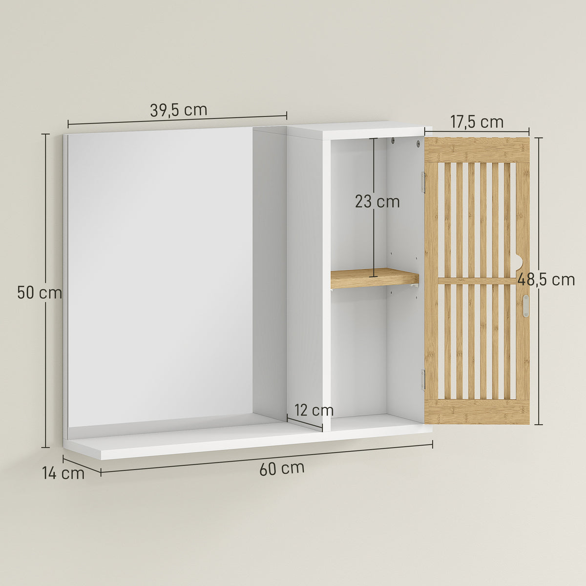 Armoire de salle de bain avec miroir, étagère, porte à lattes en bambou et étagère réglable, blanc-2