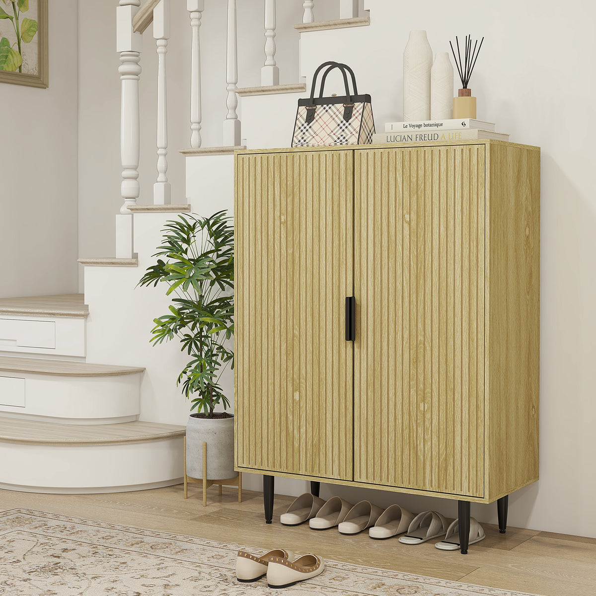 Meuble à Chaussures 15 Paires, Armoire à Chaussures 5 Niveaux avec Étagères Réglables, 2 Portes et Pieds en Métal, Chêne-9