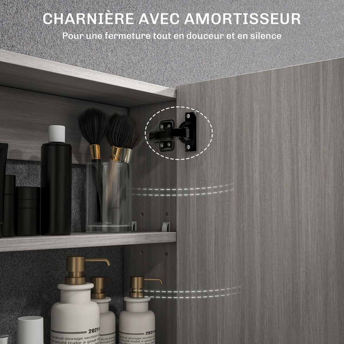 Armoire murale salle de bain avec miroir, meuble salle de bain, double portes et étagères réglables, 80x15x60cm, gris-6
