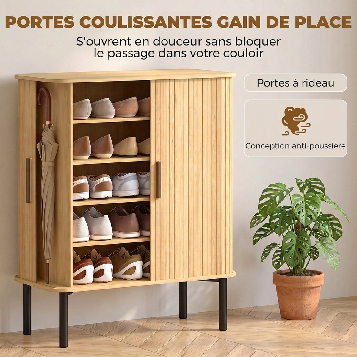 Meuble à Chaussures 5 Niveaux 15 Paires avec Portes Coulissantes, Étagères Réglables, 78x38x95,2cm, Chêne-5