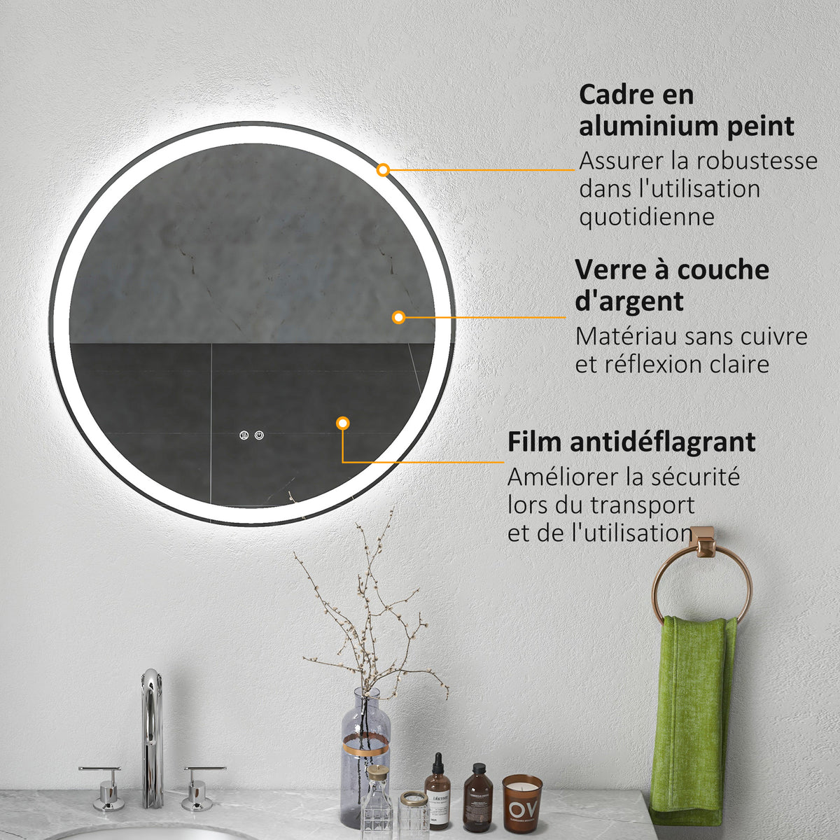 Miroir rond lumineux LED de salle de bain Ø 70 cm mural avec éclairage 3 couleurs interrupteur tactile 23W blanc argent-6