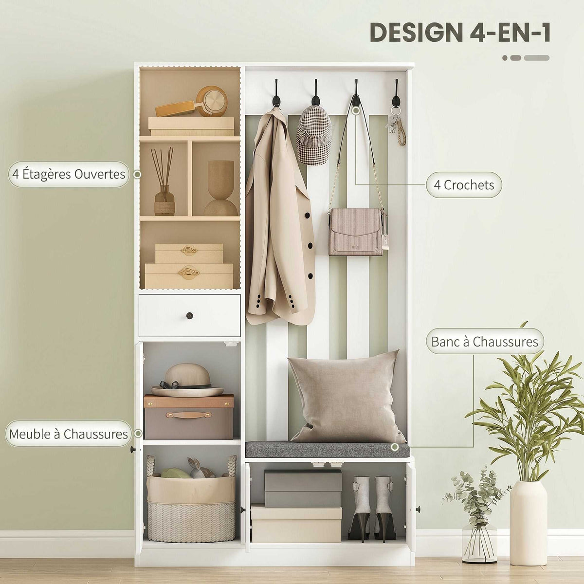 Meuble d'entrée 4 en 1, vestiaire d'entrée avec banc de rangement, étagère réglable, 4 crochets, 100x30x180cm, blanc-3