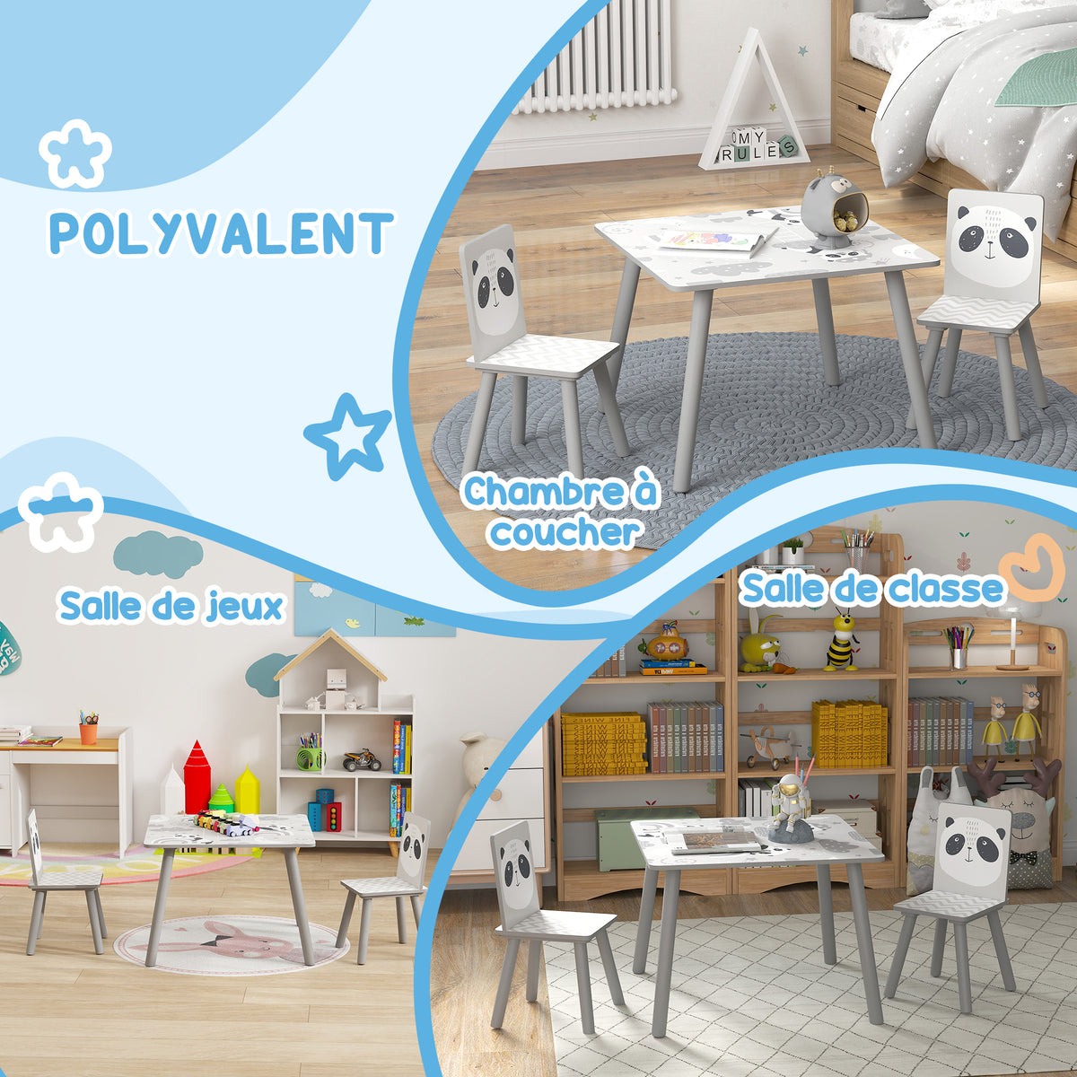 Ensemble table et chaises pour enfants, table pour enfant avec 2 chaises, motif animaux pour chambre à coucher gris-5