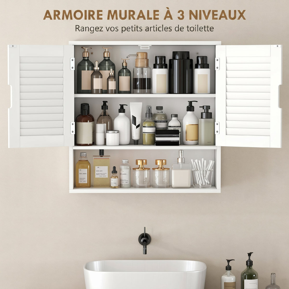 Armoire murale de salle de bain avec porte à lattes, étagère réglable et compartiment ouvert, 60x20x60cm, blanc-3