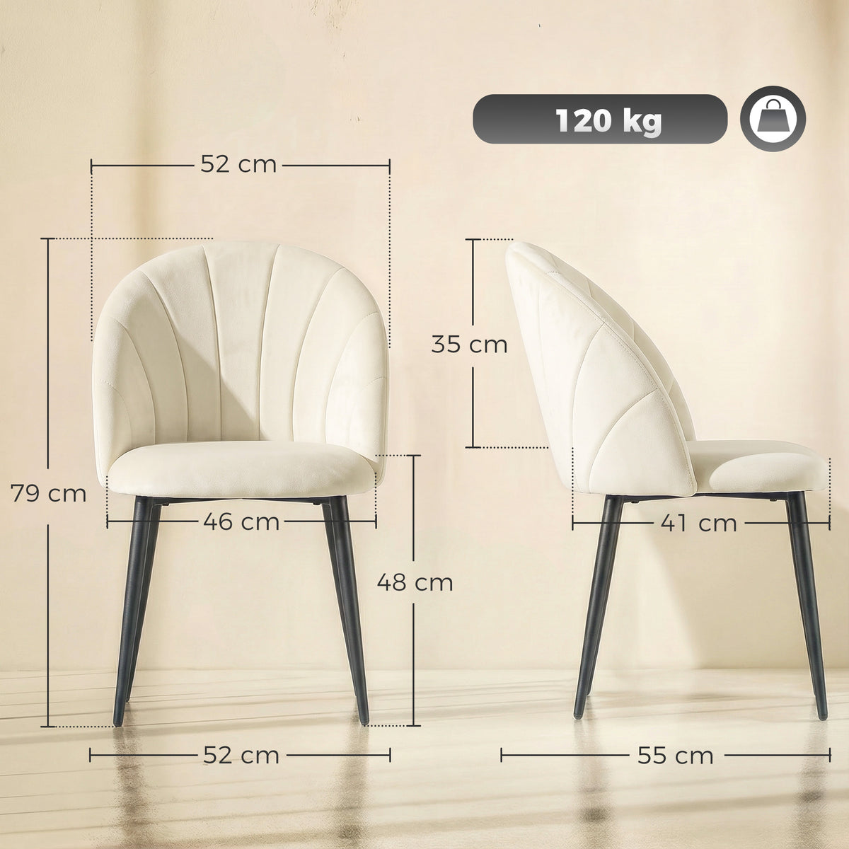 Lot de 2 chaises de salle à manger, chaises de cuisine rembourrées sans accoudoirs, pieds en acier, 52x55x79cm, crème-2
