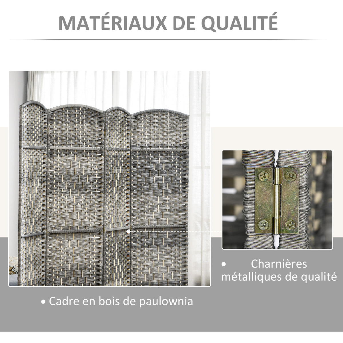 Paravent intérieur en bois 4 panneaux séparateur de pièce pliable pour salon chambre 180 x 180 cm gris mélangé-5