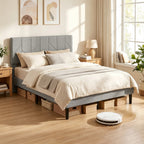 Cadre de Lit 140 x 190 cm avec Sommier et Tête Réglable, Lit Double Rembourré en Lin, Rangement au-dessous, Gris-7