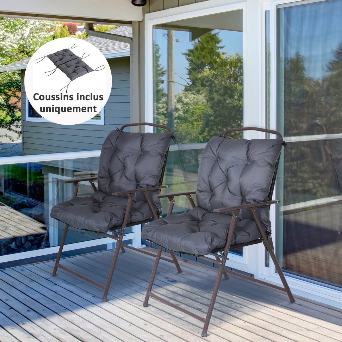 Lot de 2 coussins de chaise d'extérieur, galette de chaise avec attaches, coussins de jardin pour terrasse ou balcon, 98 x 50 x 8 cm, gris-1
