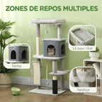 Arbre à Chat Tour de Jeux pour Chats Centre d'Activités avec Poteaux à Griffer en Sisal Niche Hauteur 132 cm Gris-3