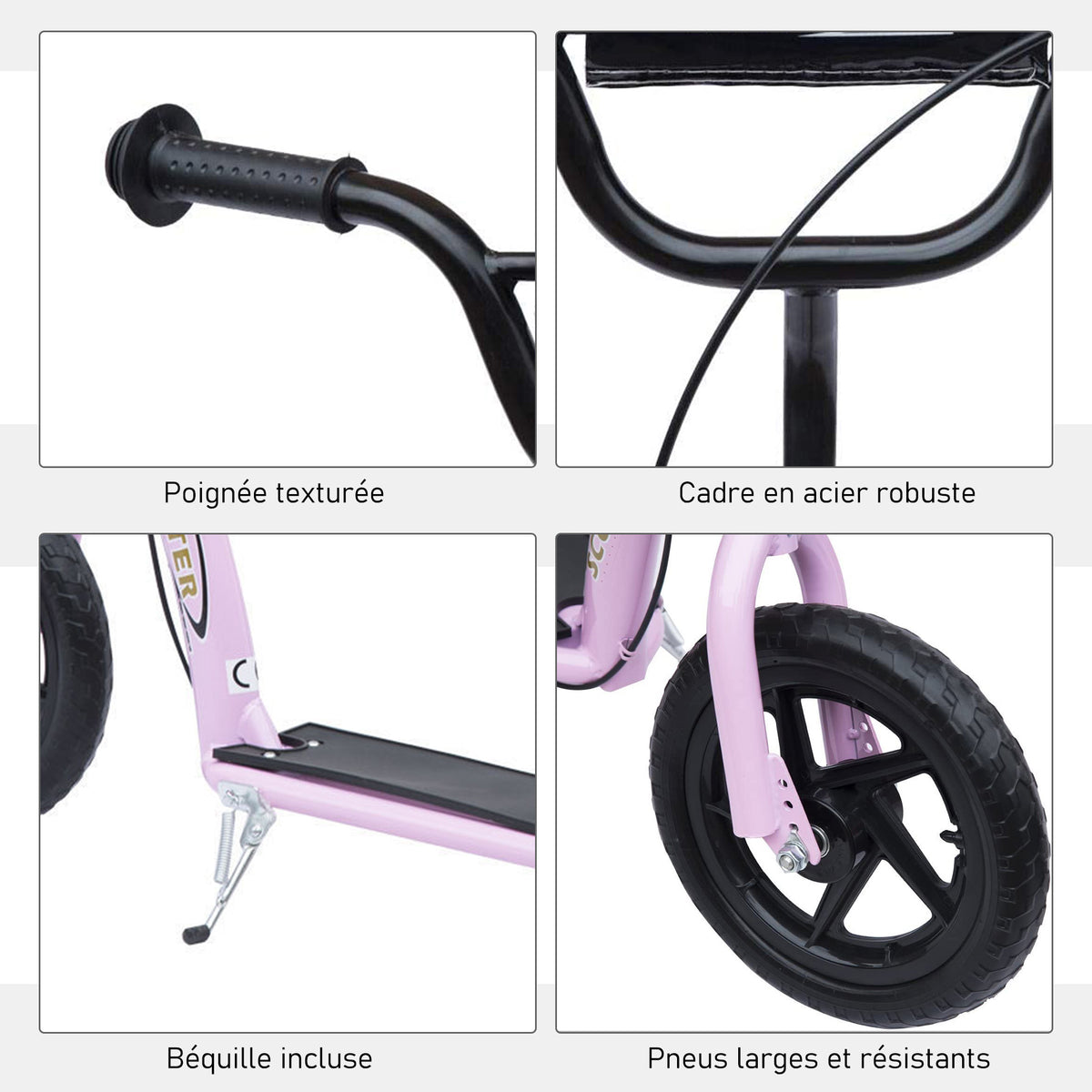 Trottinette enfant patinette pneus 30 cm Hauteur Guidon réglable poignée Frein et béquille Acier pour enfants à partir de 5 ans Rose-6