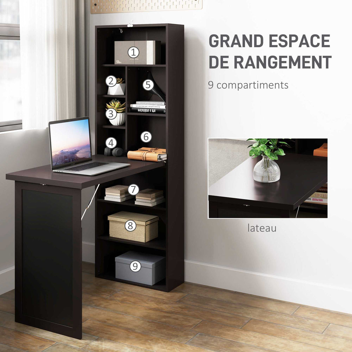 Bureau avec rangement pliable murale rabattable avec bibliothèque poste de travail tableau à craie et étagère réglable-4