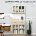 Buffet haut de Cuisine Armoire de Cuisine Multi-Rangement 4 Portes vitrine Verre avec étagère tiroir Coulissant Grand Plateau en Bois Blanc Aspect chêne Clair-3